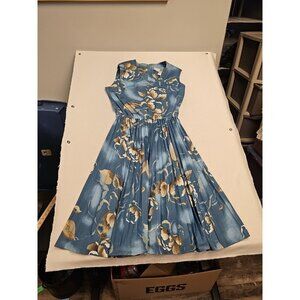 Vintage Montclair Fashions Pleated Dress Sleeveless Floral Blue Back Zip Size 16